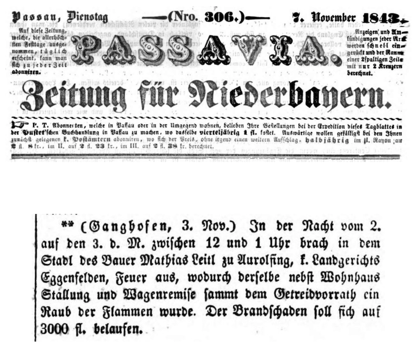 1843 Brand bei Laitl Aurolfing